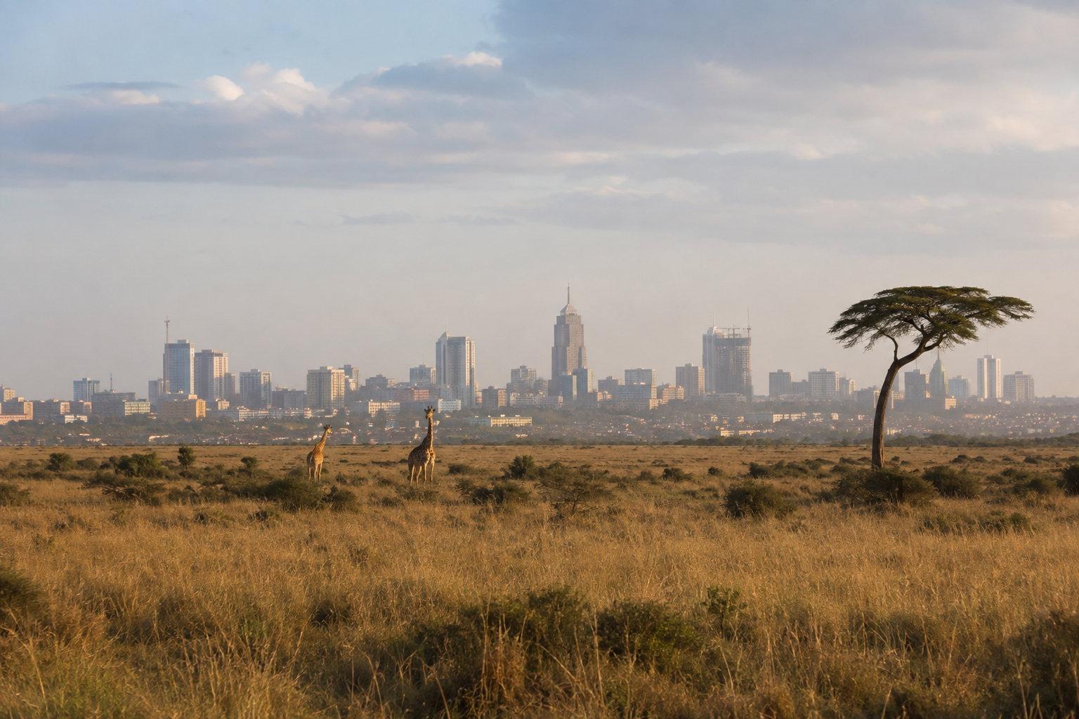 Nairobi's skyline seen across the open grassland and acacia of the national park