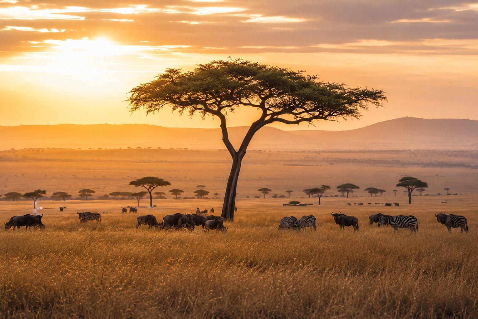 A lone acacia over open grassland at sunrise with wildebeest grazing in the Masai Mara