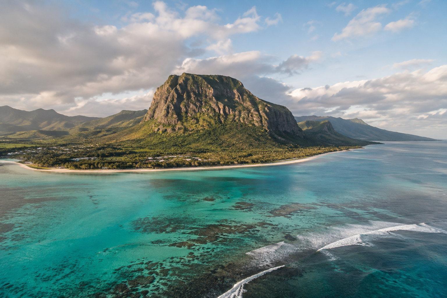 Aerial view of a green mountain headland ringed by turquoise reef water in Mauritius