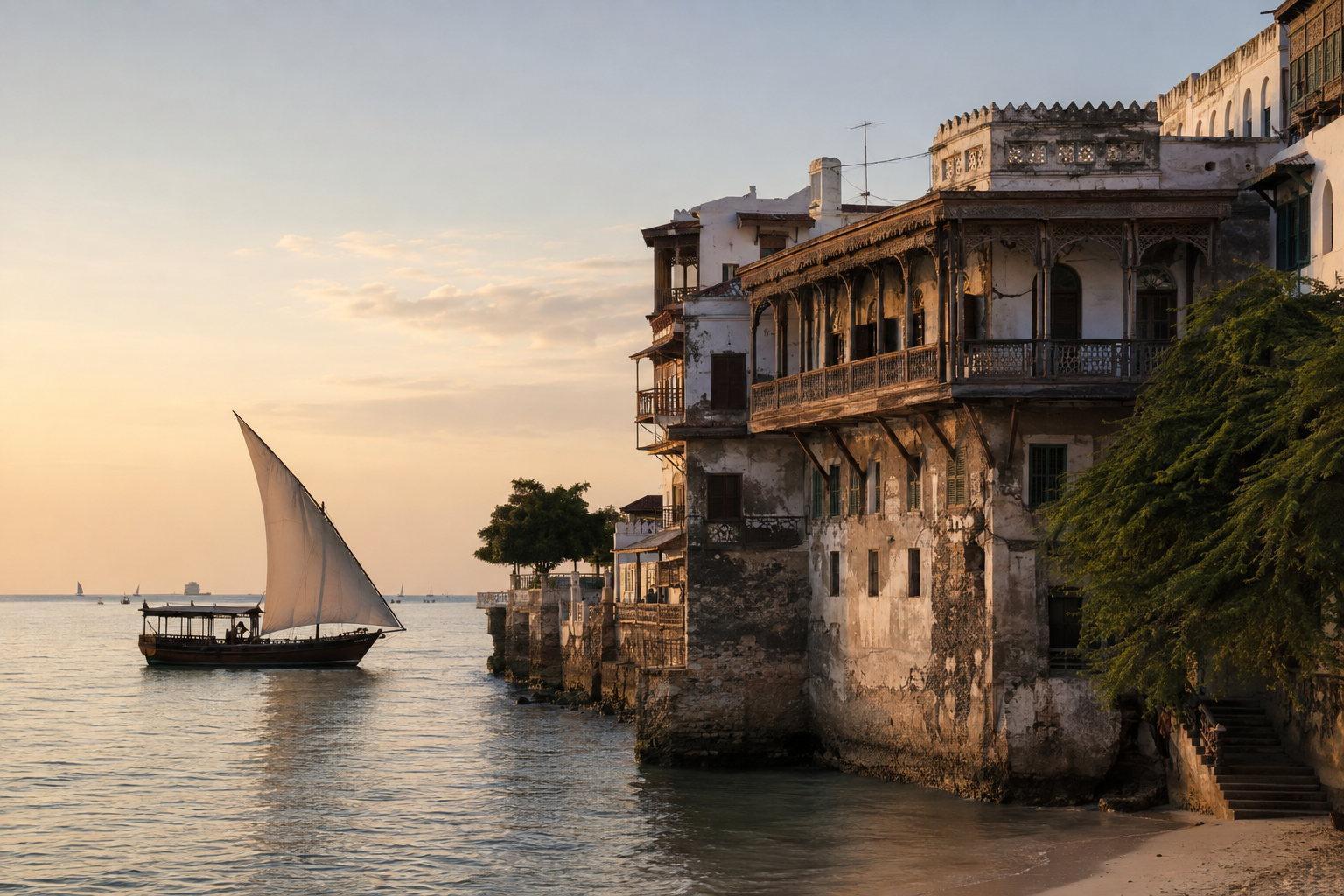 A dhow under sail passing the weathered waterfront buildings of Zanzibar's Stone Town