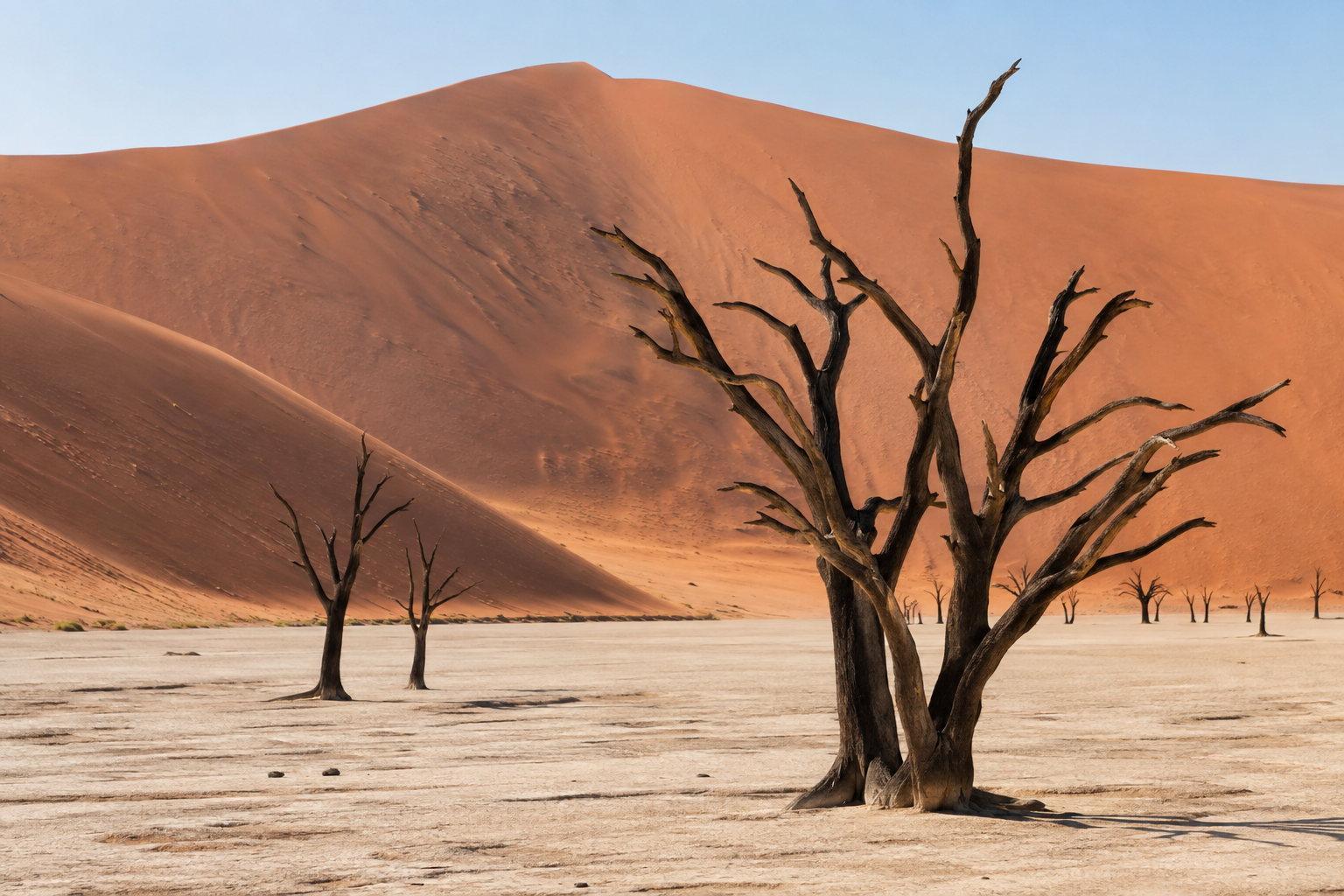 Dead camel thorn trees on the white clay pan of Deadvlei beneath a red Sossusvlei dune