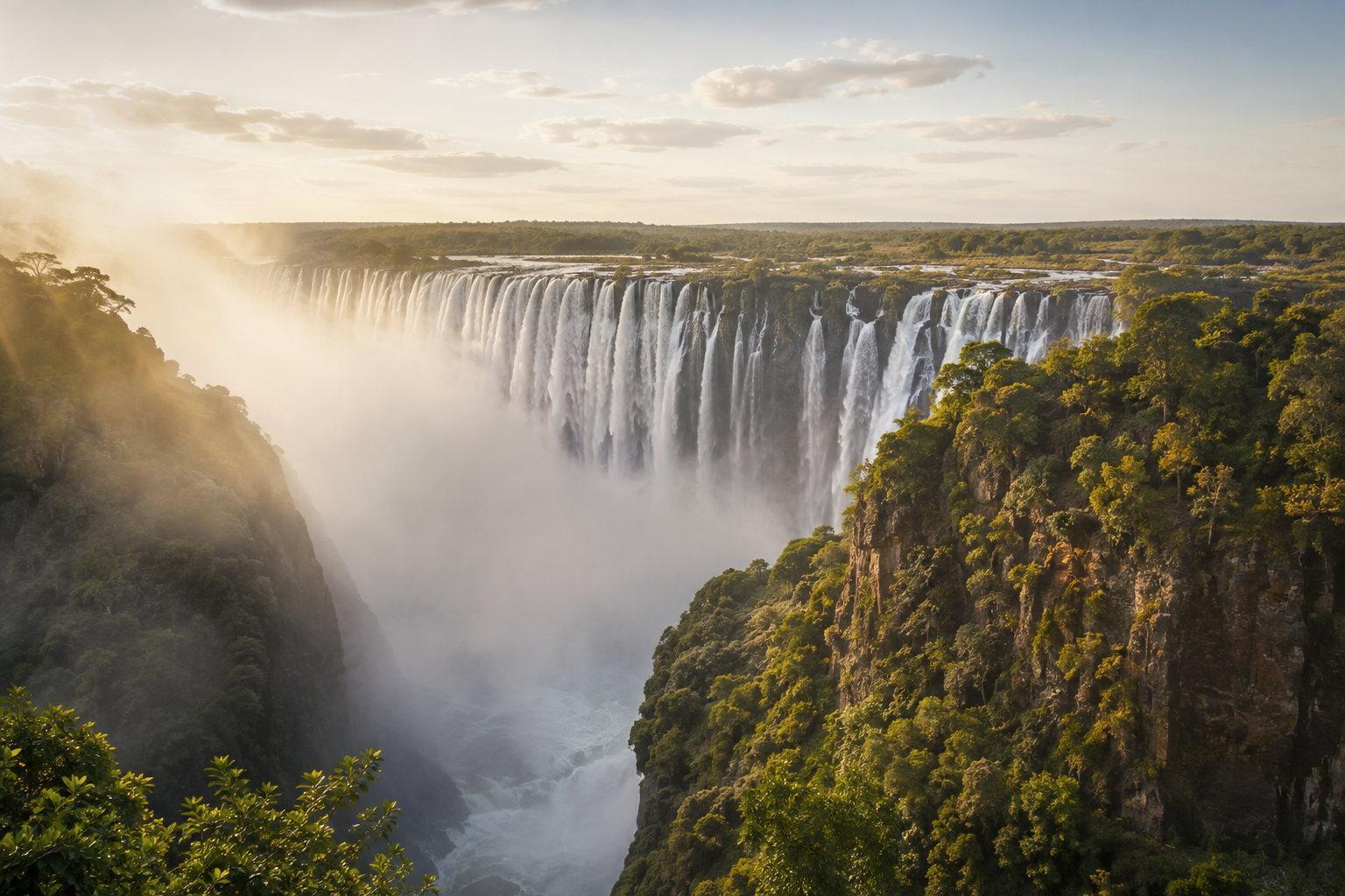 Spray rising from Victoria Falls as the Zambezi drops into the forested basalt gorge