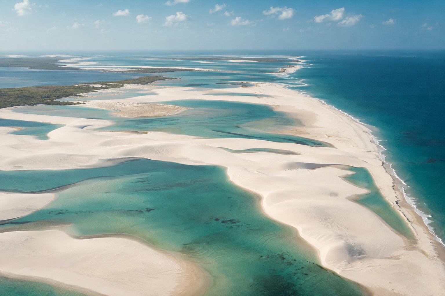 Aerial view of white sandbanks curving through shallow turquoise water in the Bazaruto Archipelago