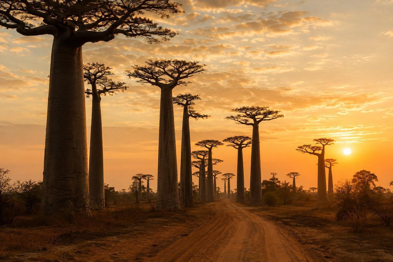 Baobab trees lining a dirt road at sunset on Madagascar's Avenue of the Baobabs