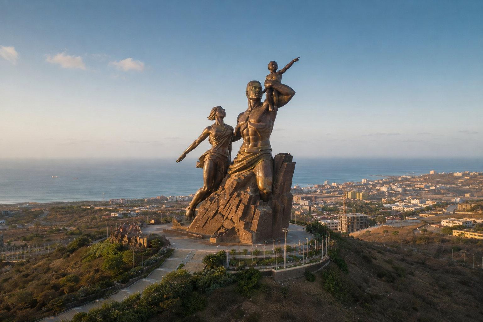 The African Renaissance Monument standing on a green hilltop above Dakar and the Atlantic