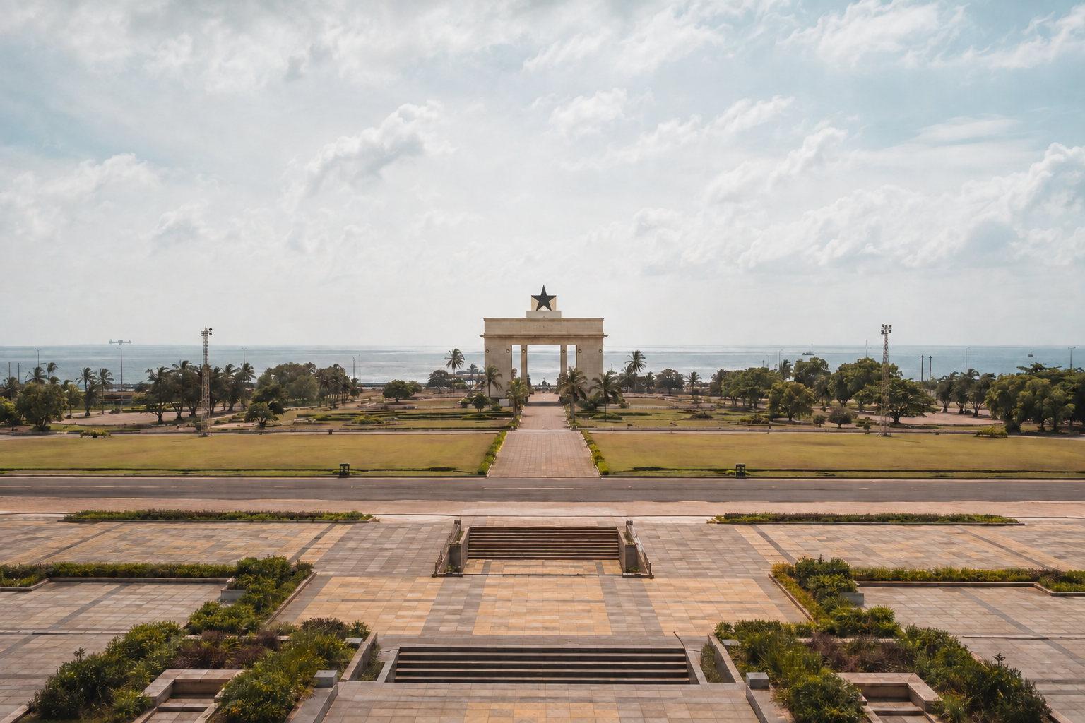 Ghana's Black Star Gate and Independence Square seen across an empty ceremonial plaza