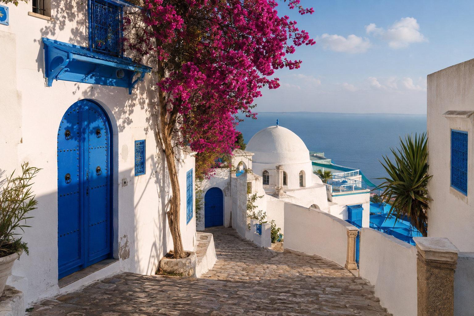 A blue studded door and bougainvillea on a whitewashed lane in Sidi Bou Said above the sea