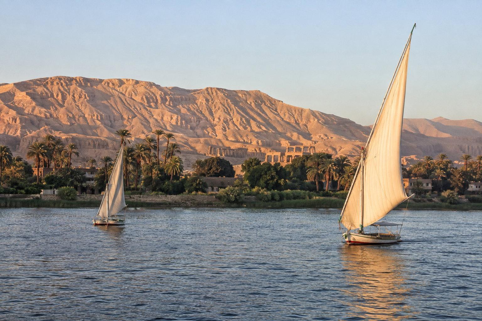 Feluccas under sail on the Nile at Luxor with the desert cliffs of the west bank behind