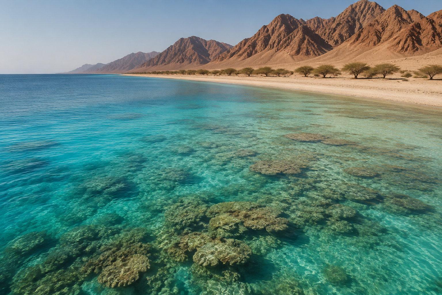 Clear shallow reef water along Egypt's Red Sea coast with desert mountains rising behind