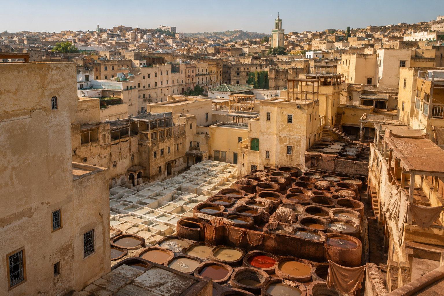 The stone dye pits of the Chouara tannery surrounded by the rooftops of the Fez medina