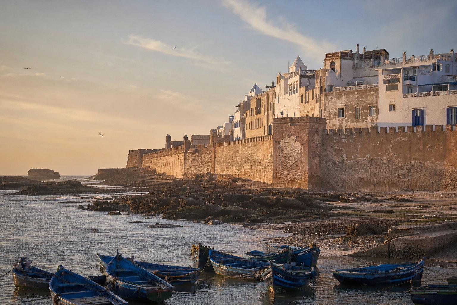 Essaouira's whitewashed ramparts above the harbour with blue fishing boats drawn up on the shore
