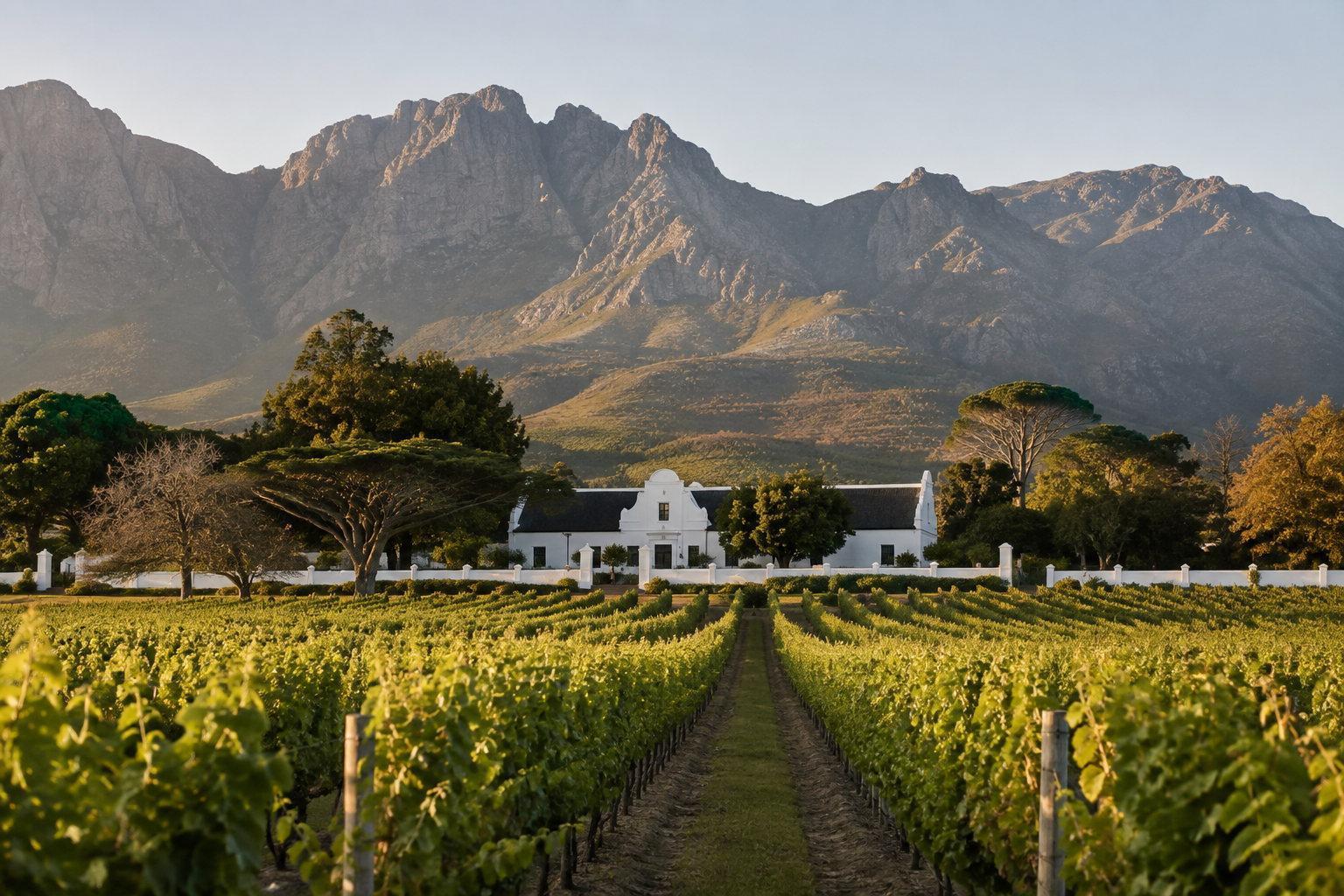A Cape Dutch homestead among vineyard rows below the mountains of the South African winelands