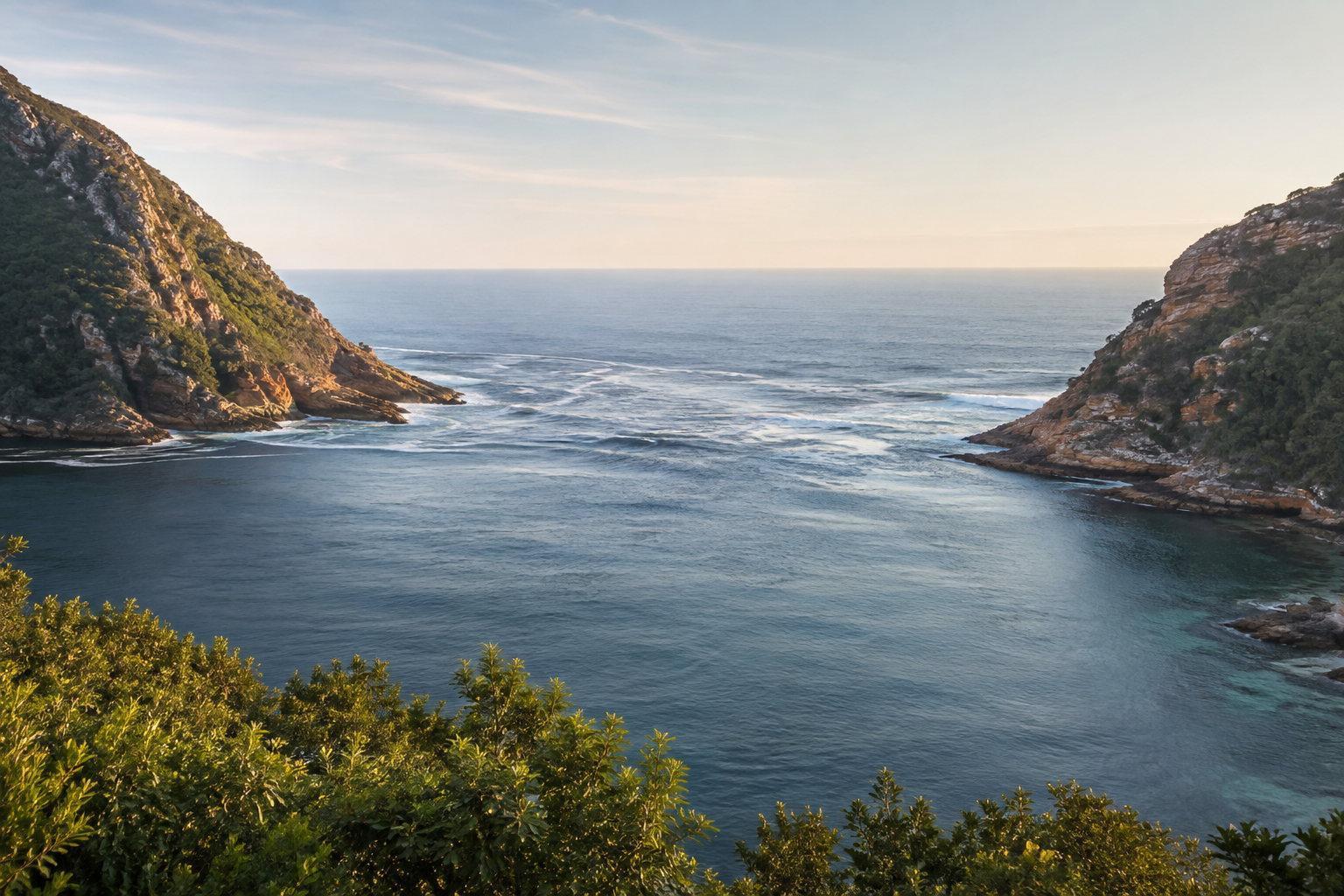 Forested cliffs meeting calm turquoise water along South Africa's Garden Route coastline