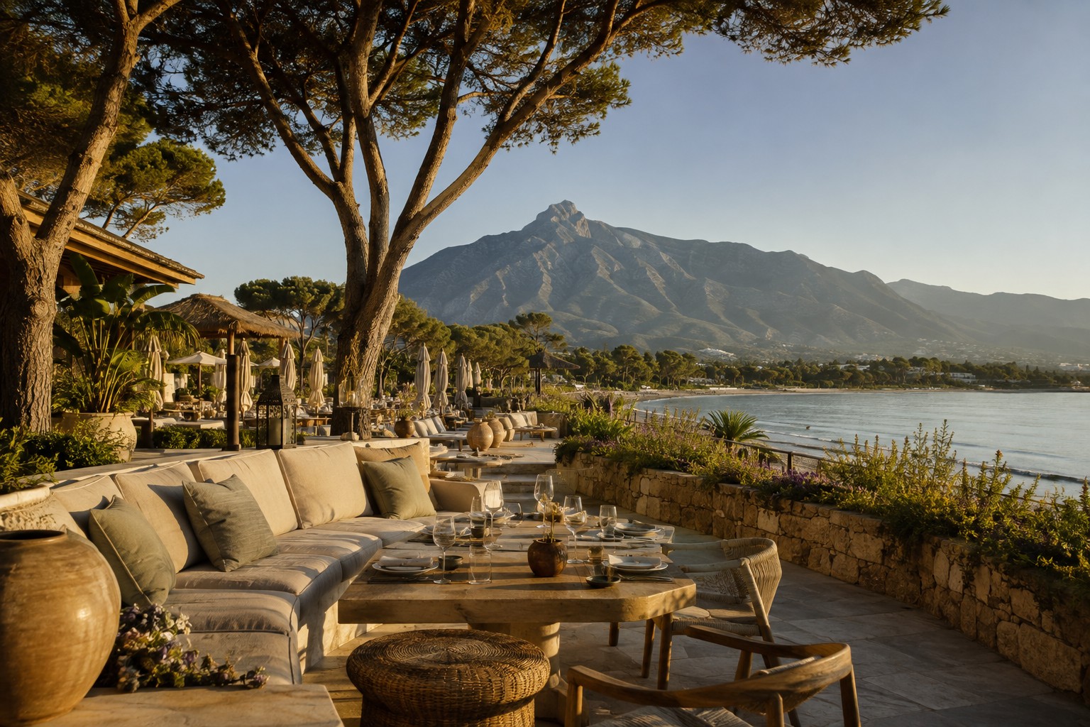 Beach club terrace on the Marbella Golden Mile at low sun with La Concha mountain behind