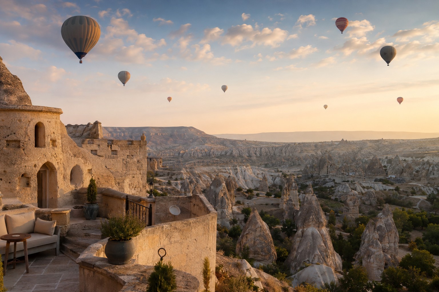 Hot air balloons rising over the tuff valleys of Goreme at first light with a cave terrace in the foreground