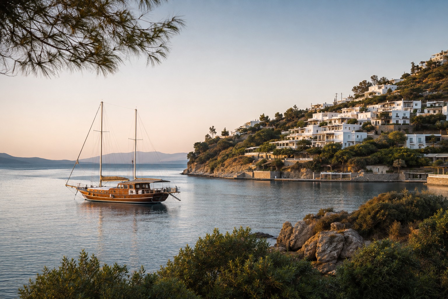 Traditional wooden gulet at anchor in a pine fringed Aegean bay on the Bodrum peninsula