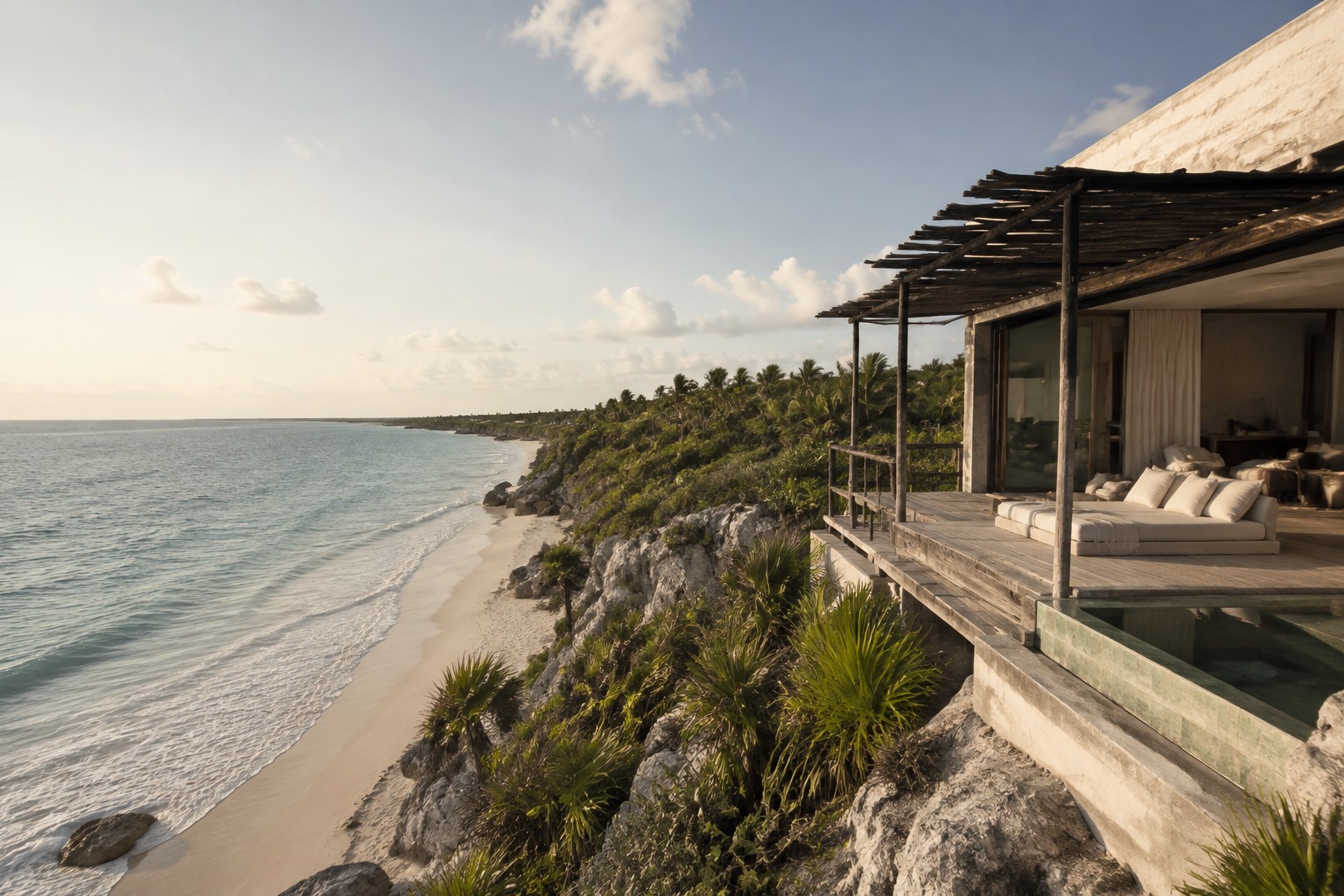 Cliff edge suite above the Caribbean at Tulum with jungle canopy pressing down to the sand