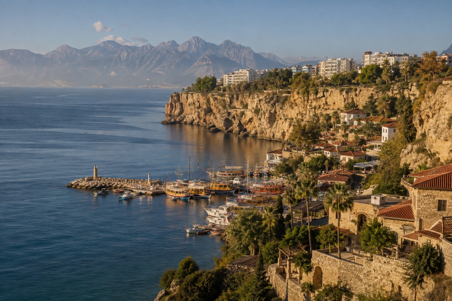 The Kaleici harbour below limestone cliffs at Antalya with the Taurus mountains behind in clear morning light
