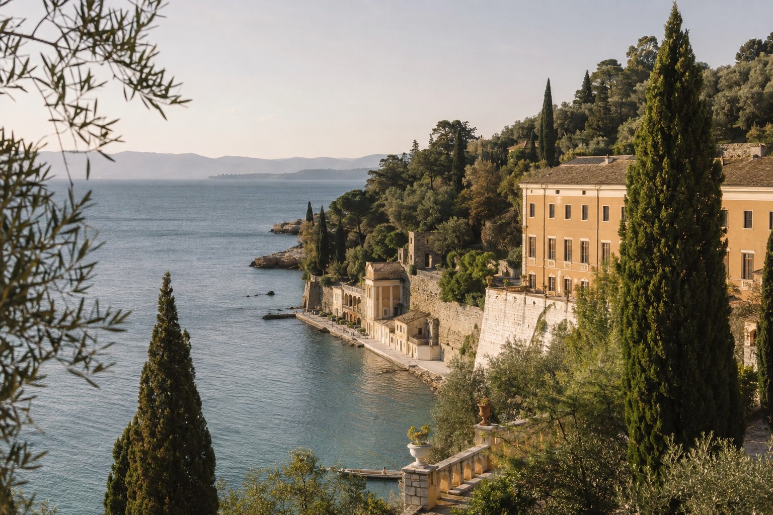 Venetian ochre facades above a quiet Ionian cove on Corfu with cypress and olive trees