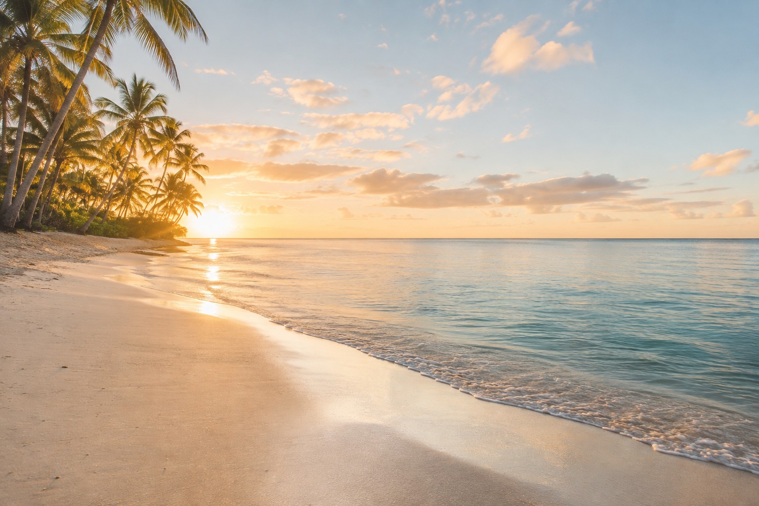 Palm trees leaning over pale sand and clear shallow water on the Punta Cana coast