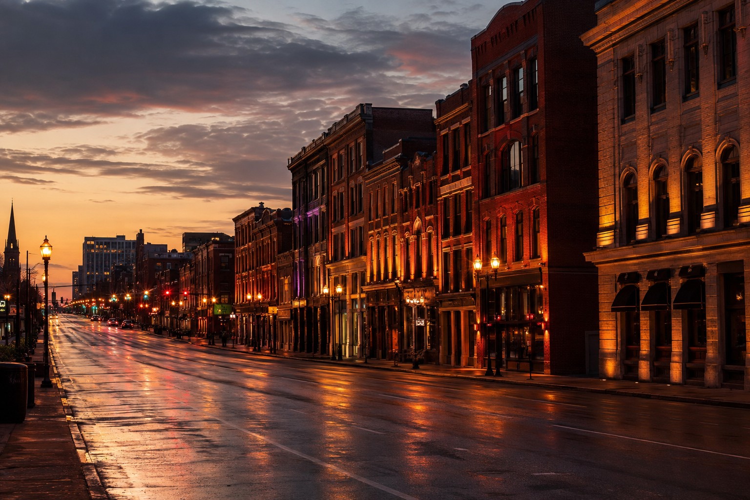 Warm evening light on brick warehouses and neon in a Nashville neighborhood street