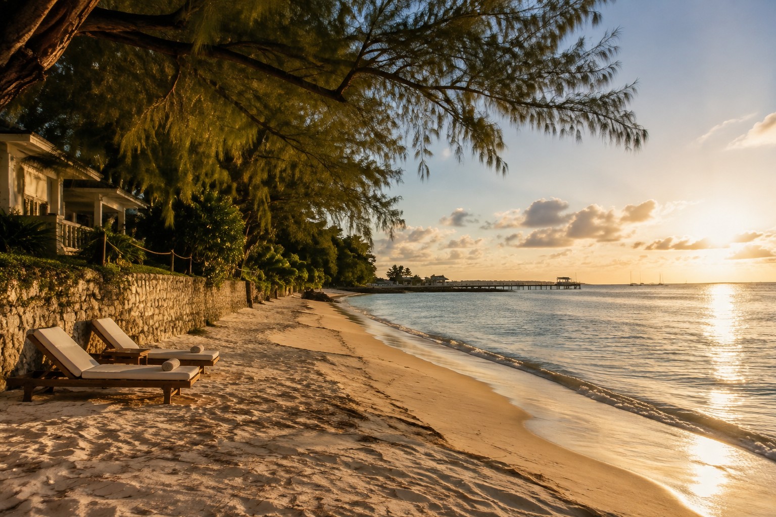Casuarina trees over pale sand and flat clear water on the west coast of Barbados