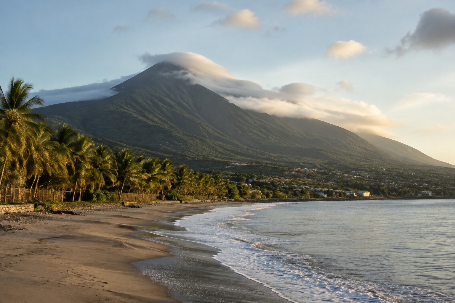Nevis Peak under cloud rising above green slopes and a quiet Caribbean shoreline