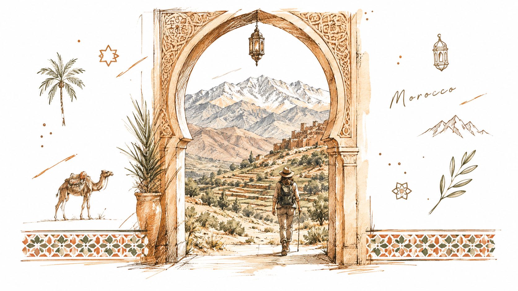 A traveler walking through a decorative archway into a scenic landscape featuring mountains and a Moroccan village.