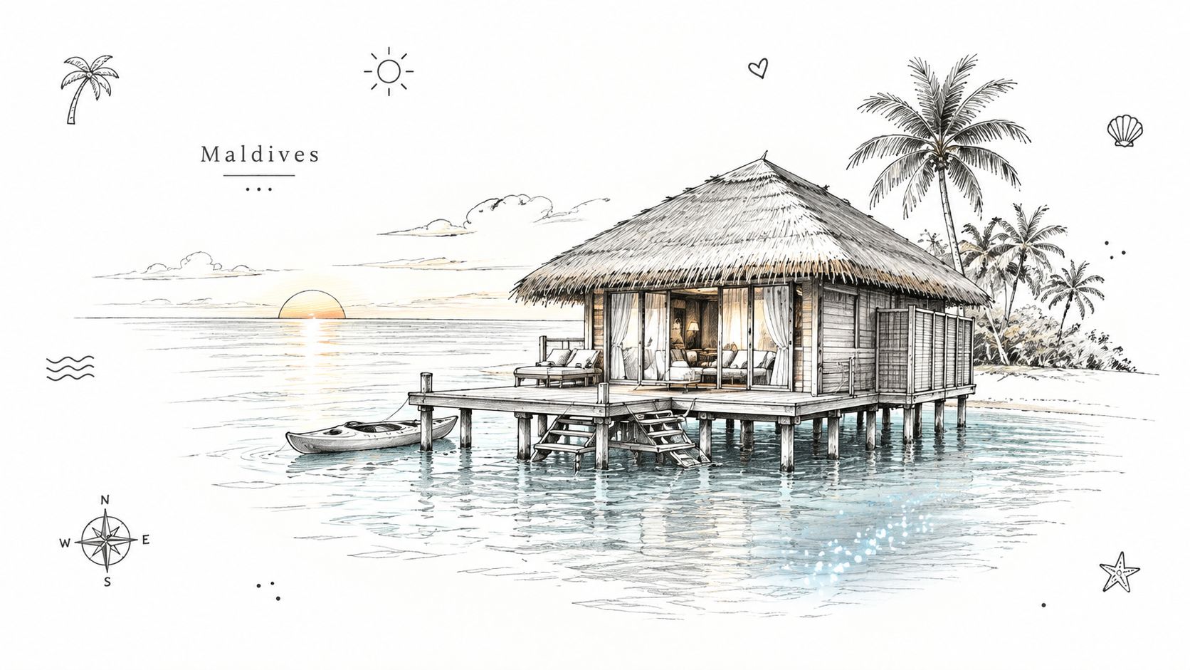 A scenic hand drawn sketch of a luxurious overwater bungalow in the Maldives at sunset with calm water.