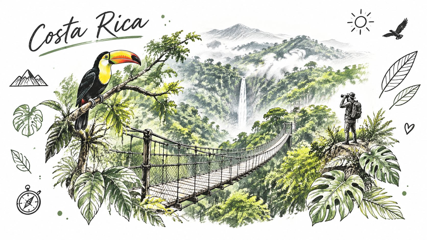 A scenic illustration of Costa Rica featuring a toucan, suspension bridge, waterfall, and a mountain hiker.
