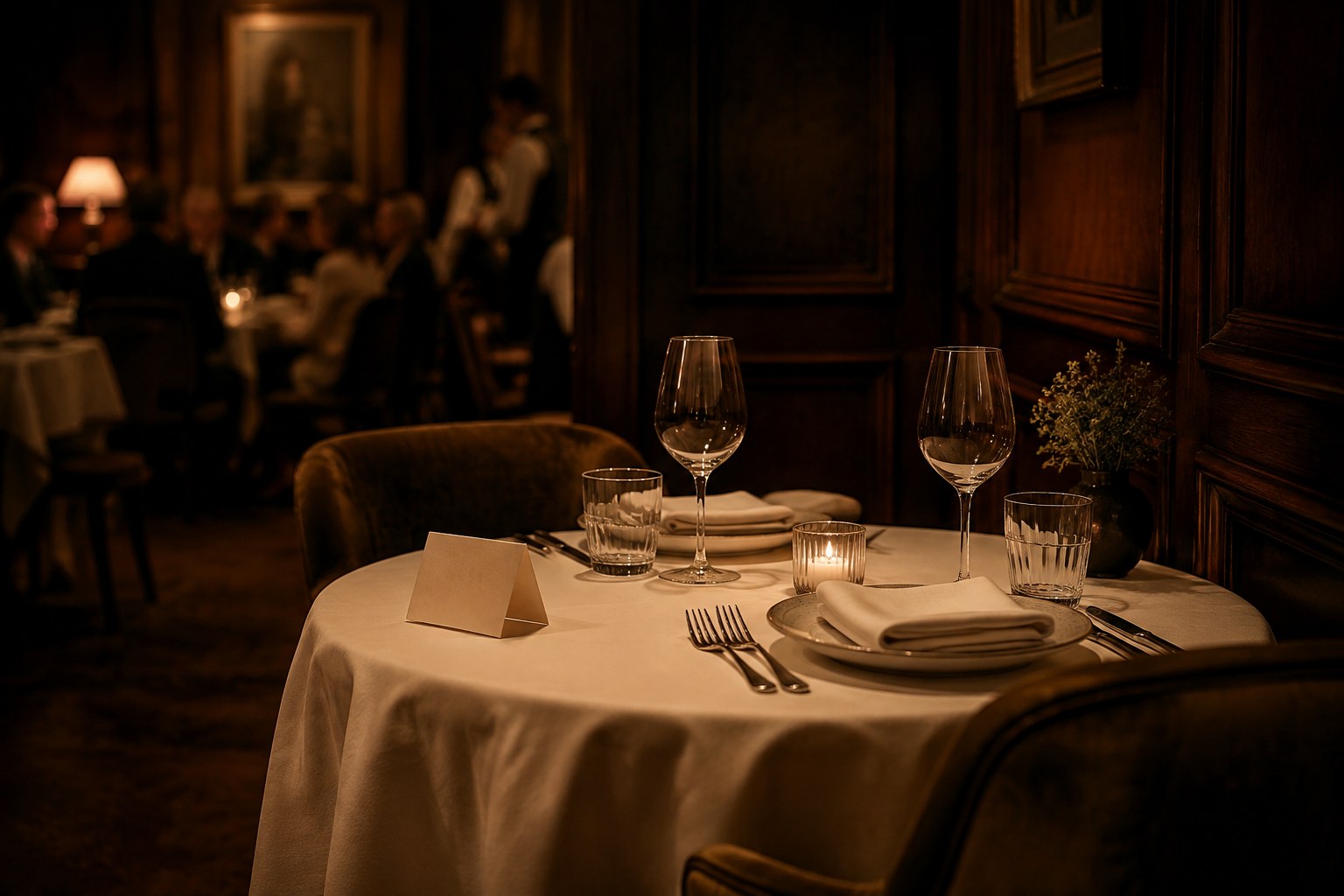 A candlelit restaurant table set for two with a reserved card