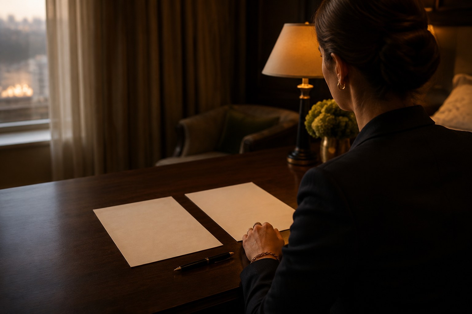 A person considering two printed travel options on paper
