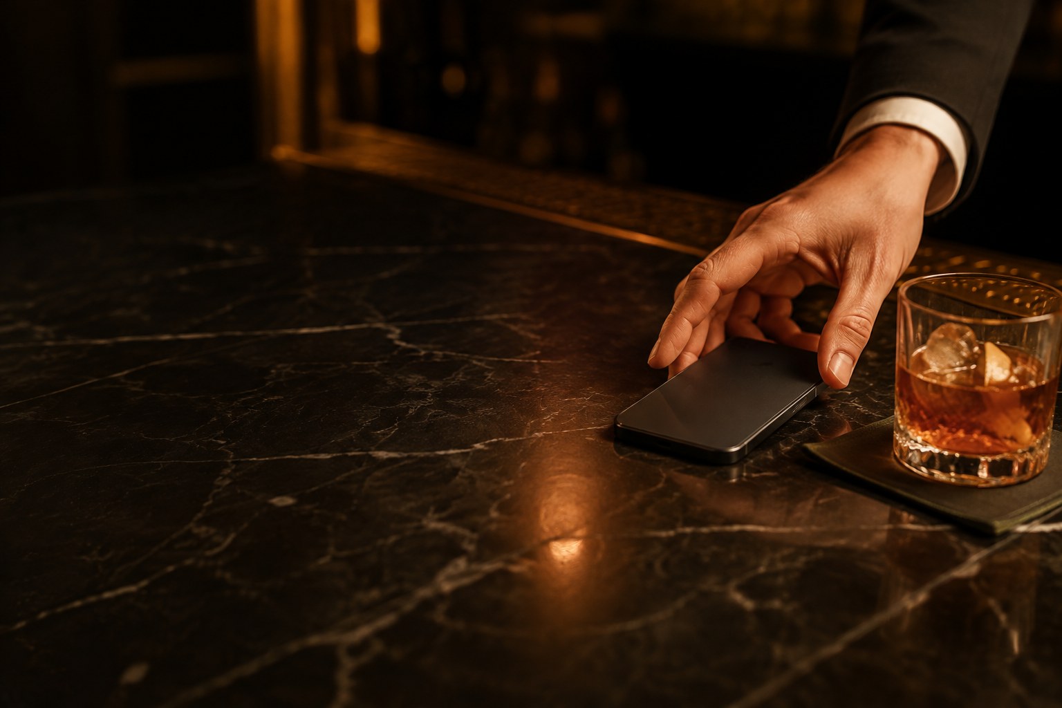 A smartphone resting on a marble bar top, ready to send a one-line request