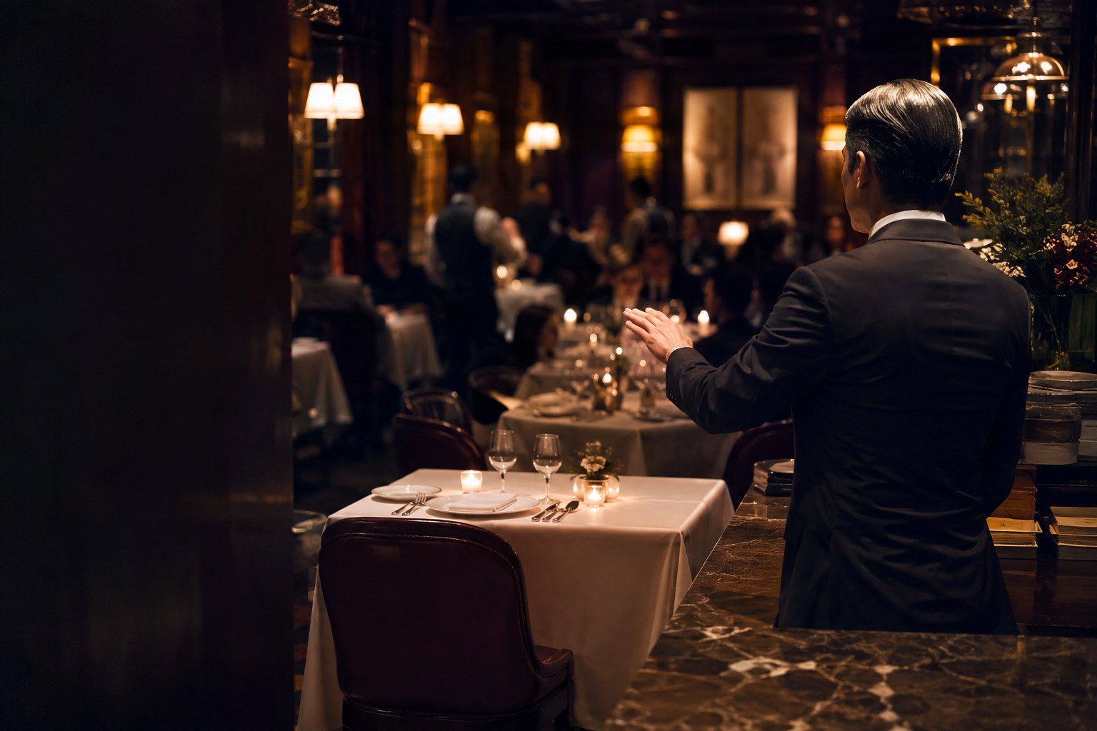 A maitre d at the pass of a dark panelled dining room gesturing toward a set table for two