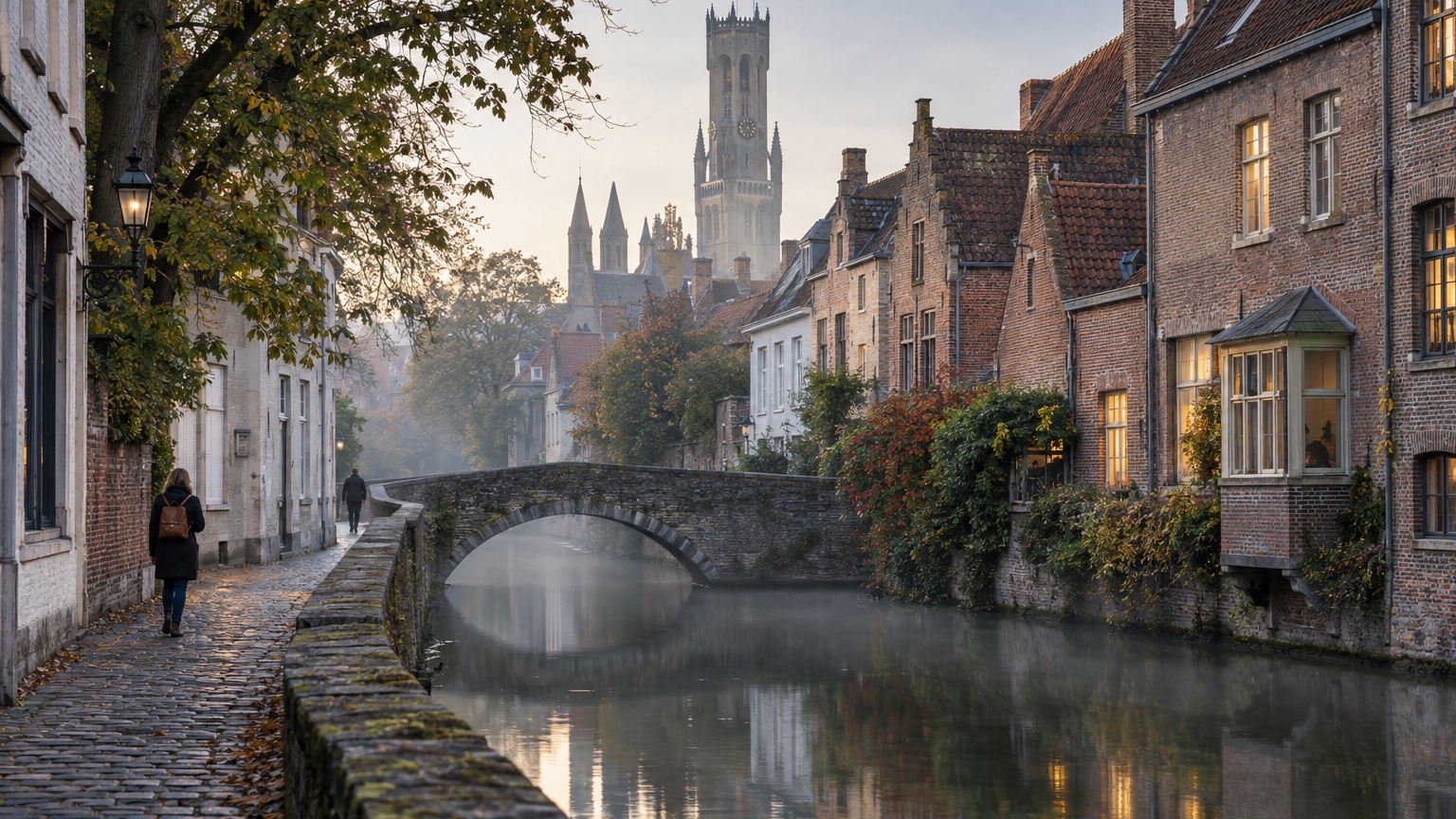 A quiet Bruges canal, stone bridge, and medieval brick houses in morning mist