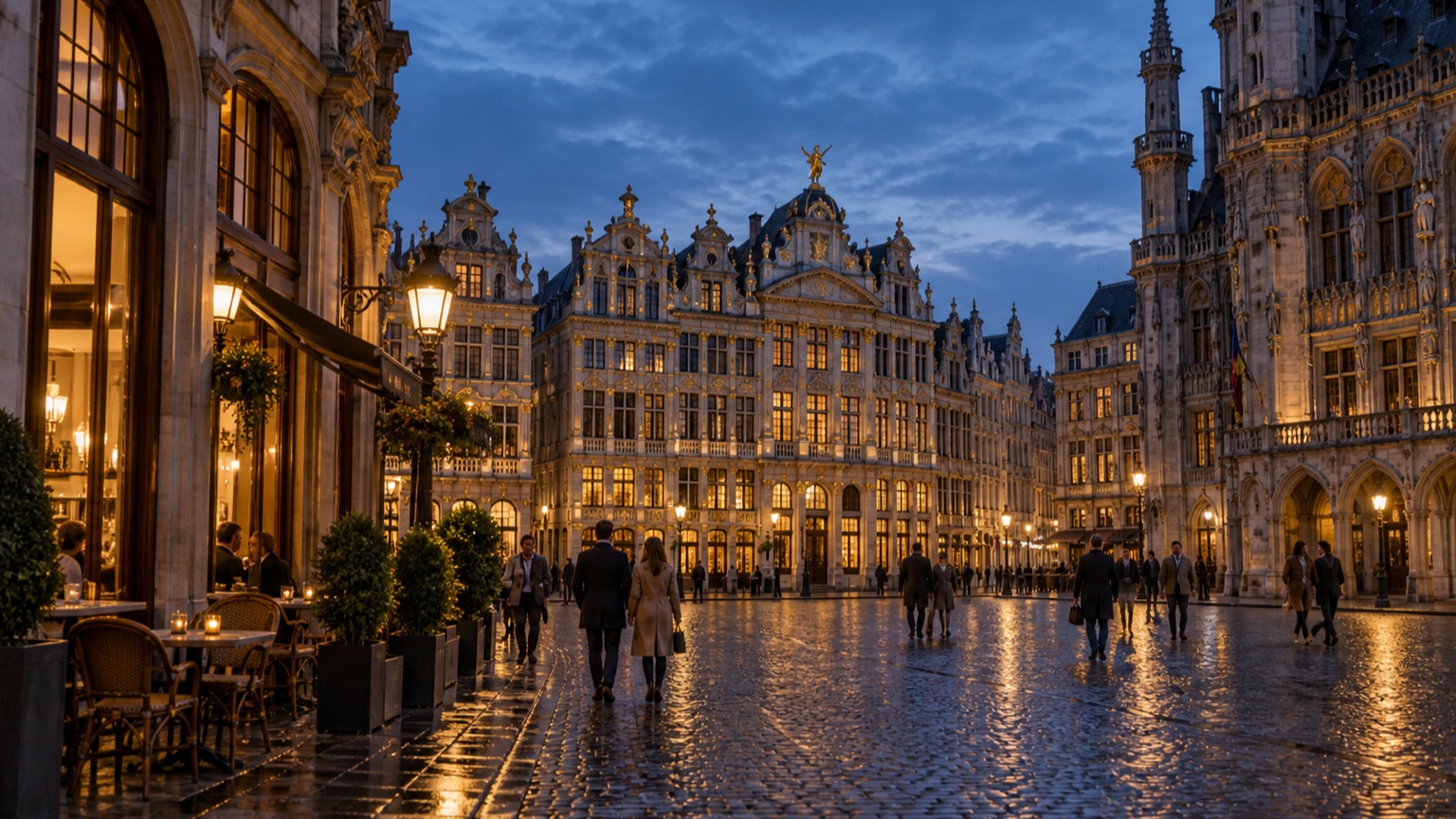 Brussels Grand Place glowing at blue hour after rain
