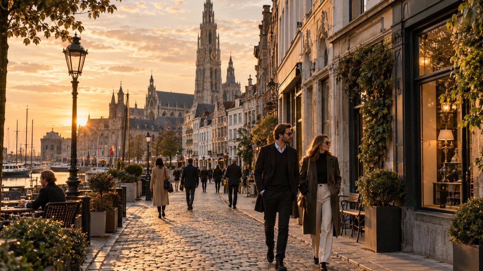 Antwerp historic street glowing in evening light near the cathedral and old port