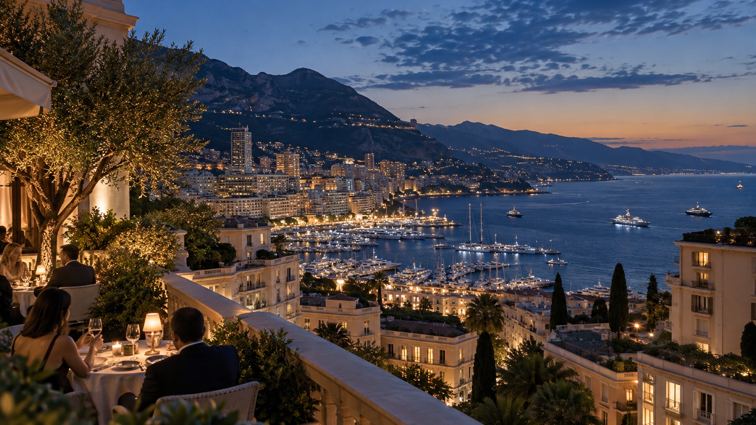 Monaco harbor and hillside city lights viewed from a quiet terrace at blue hour
