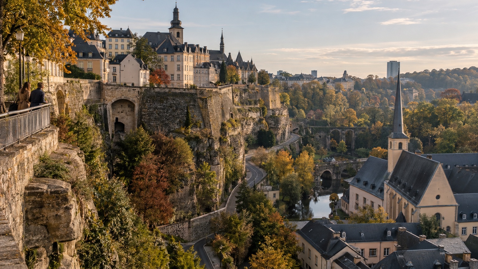 Luxembourg City historic plateau and wooded Alzette valley in autumn light