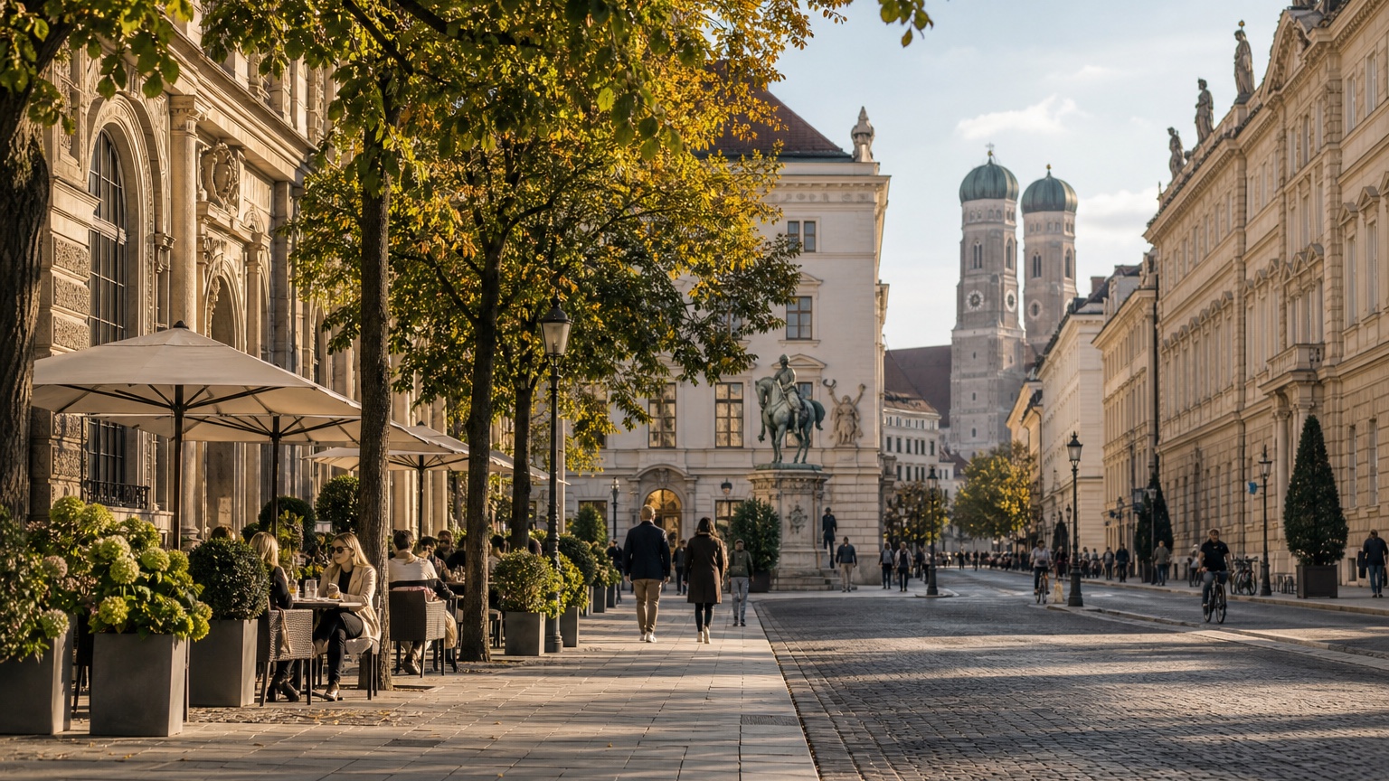 Munich historic street with cafe terrace and autumn trees near the Residenz
