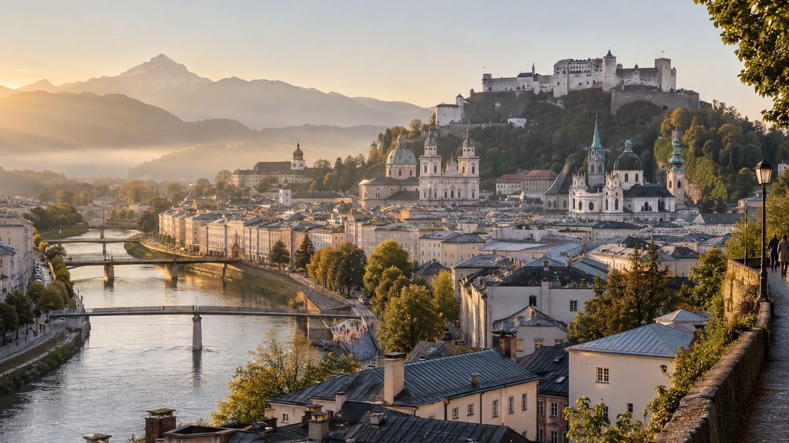 Salzburg old town and Hohensalzburg Fortress in soft morning light