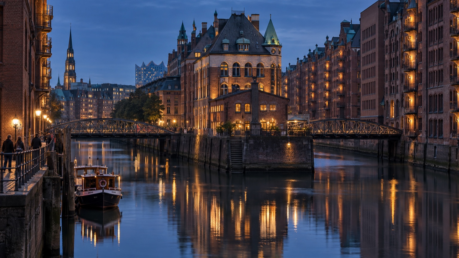 Hamburg Speicherstadt warehouses and canal lights at blue hour