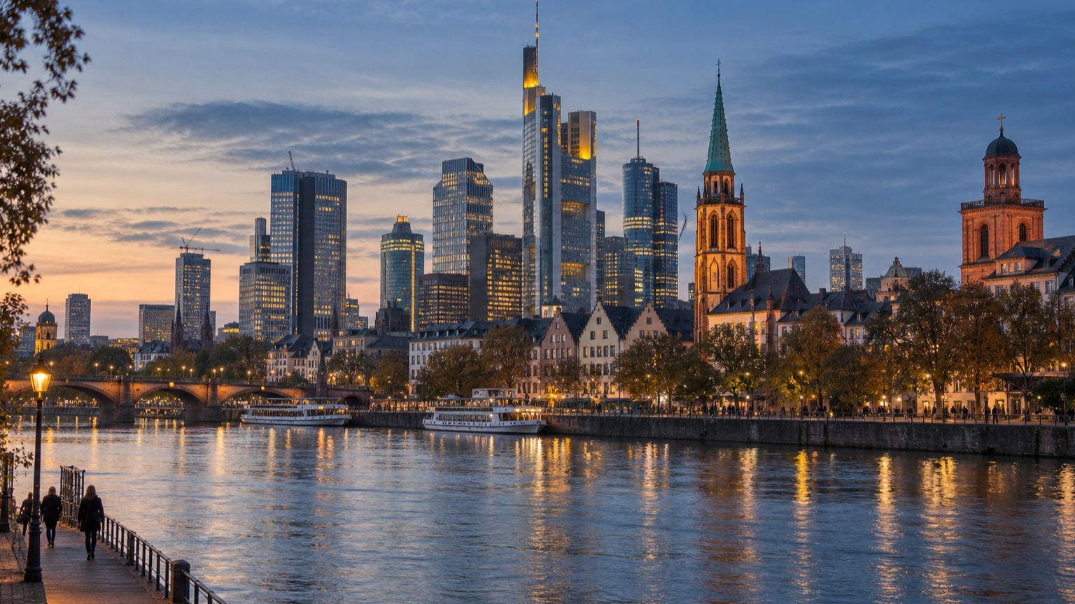 Frankfurt skyline and old town beside the Main river at dusk