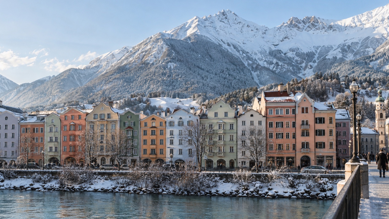 Innsbruck old town rooftops and Nordkette mountains in winter light