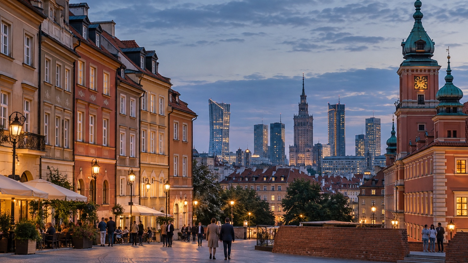 Warsaw restored old town and modern skyline at blue hour