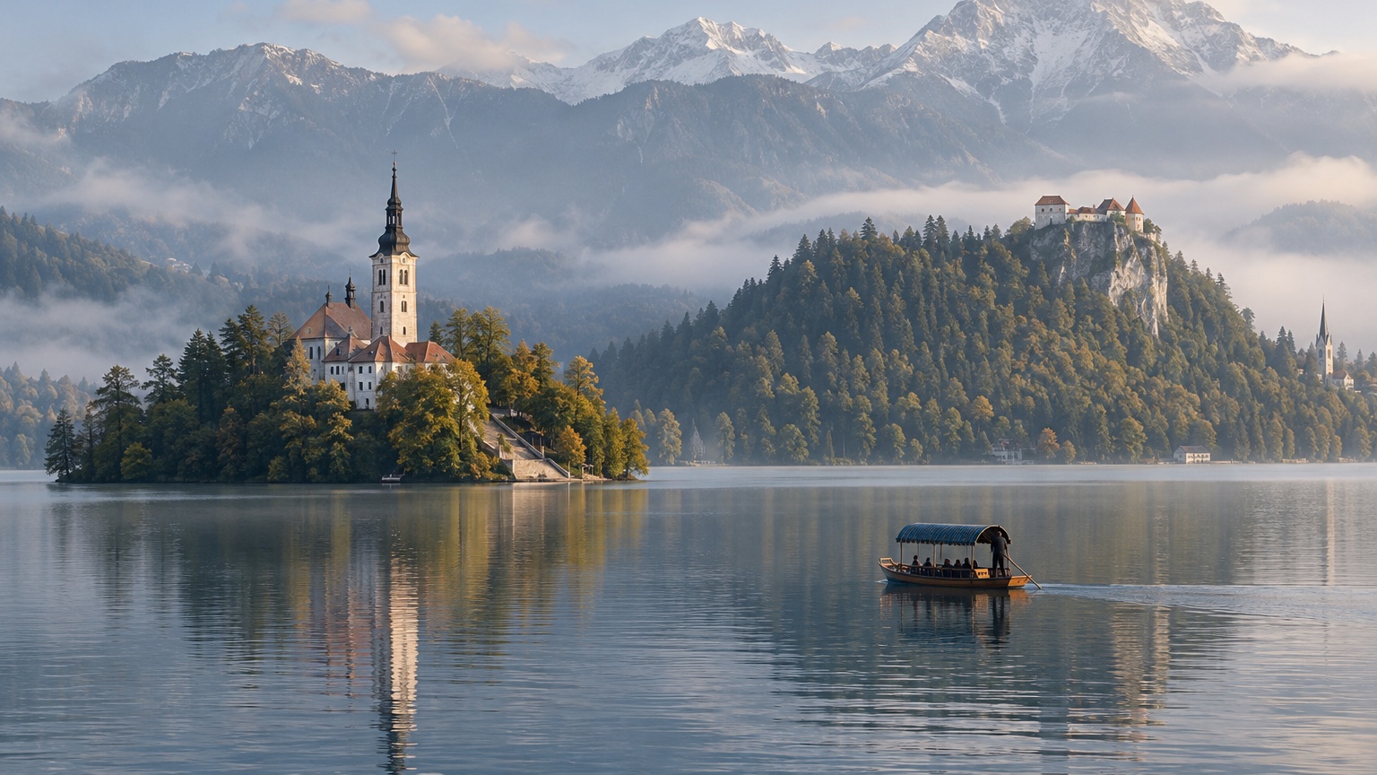 Lake Bled island church and pletna boat beneath the Julian Alps