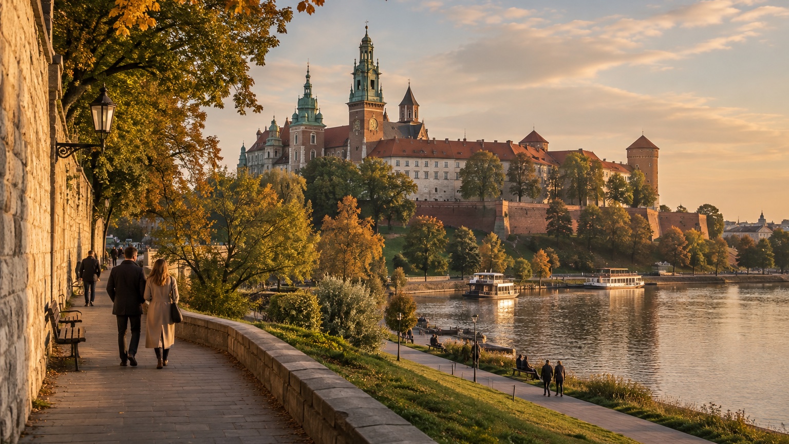 Kraków historic streets and Wawel area in warm autumn light