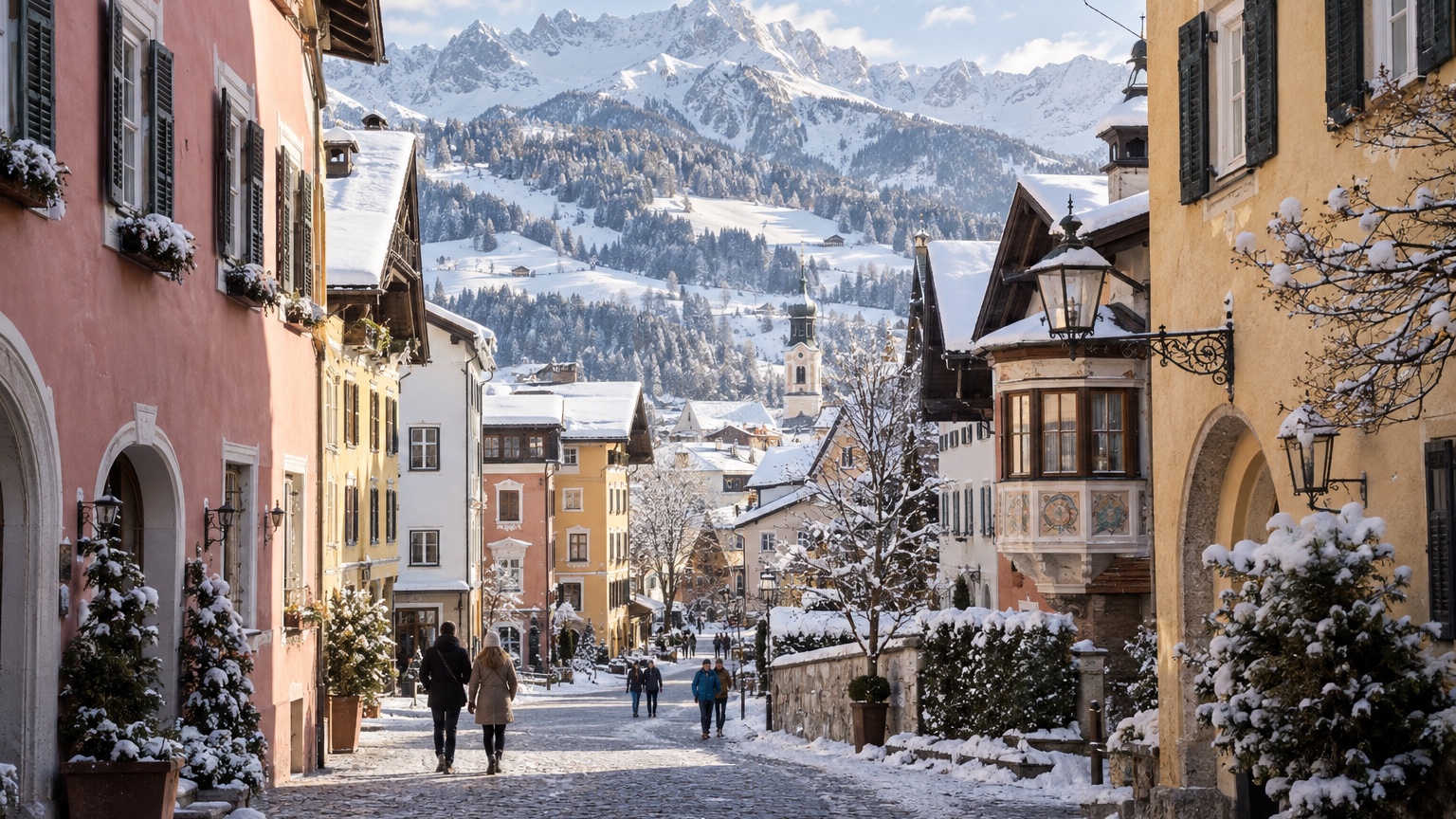 Kitzbühel pastel houses and snowy Alps on a quiet winter lane