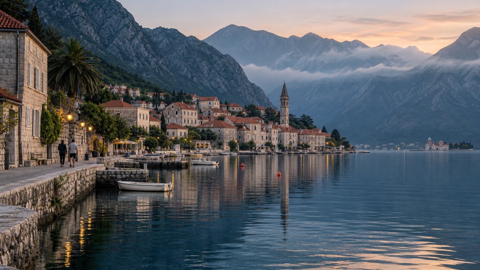 Kotor old town and bay beneath steep Adriatic mountains at dawn