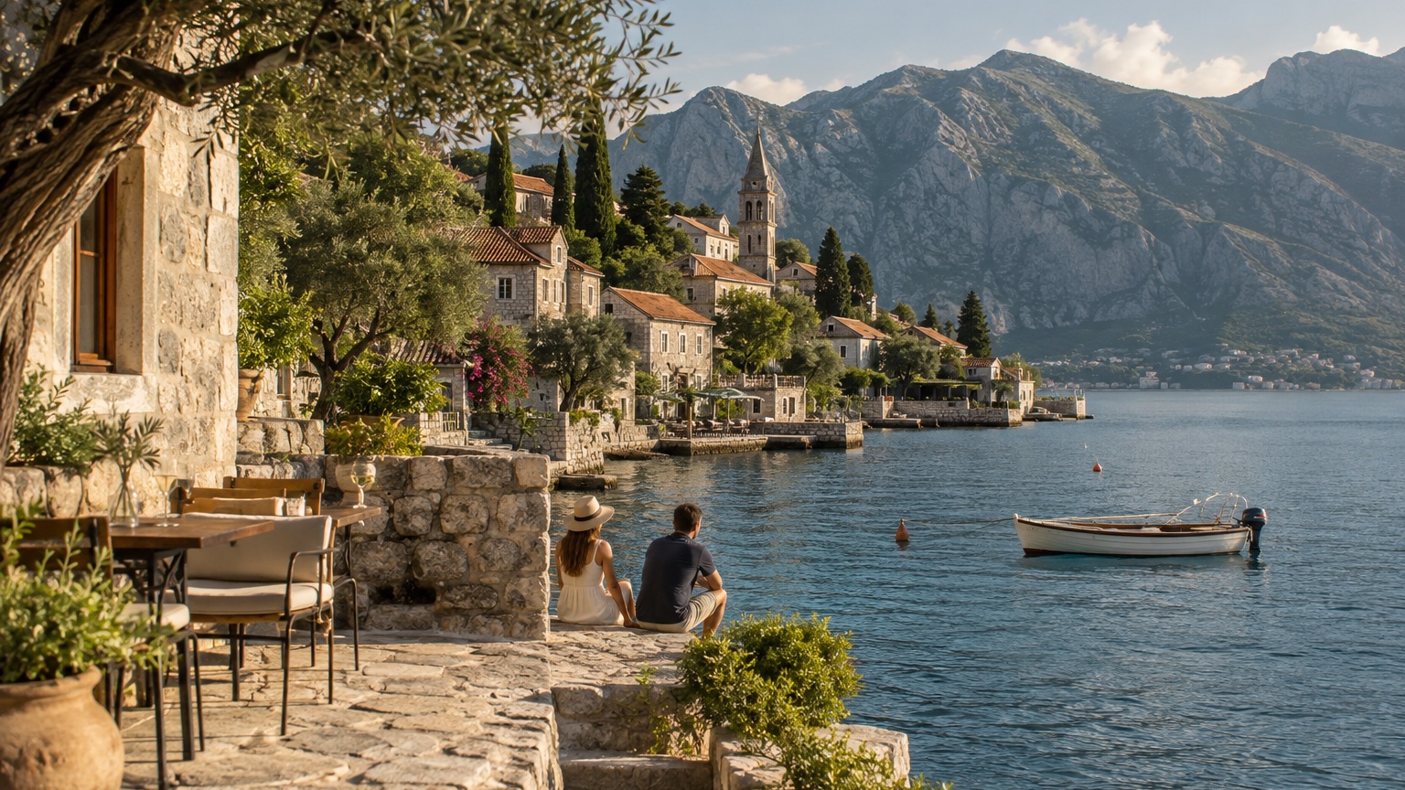 Montenegro stone village and Adriatic water beneath rugged mountains
